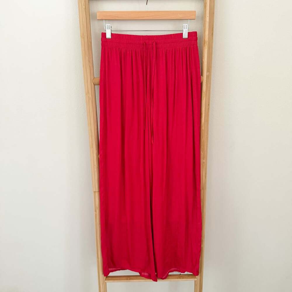 Joie Small Pink Red Satin Wide Leg Pull On Flowy Pants Drawstring Palazzo